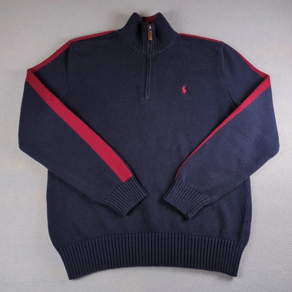 Vintage Polo Ralph Lauren 1/4 Zip Sweater Mens Medium Blue Red Striped Sleeve